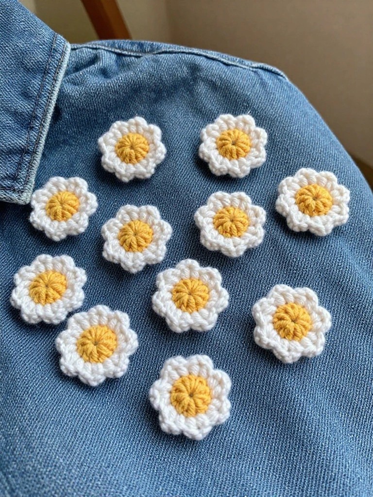 Multiple crocheted daisy flowers with white petals and yellow centers on blue denim.