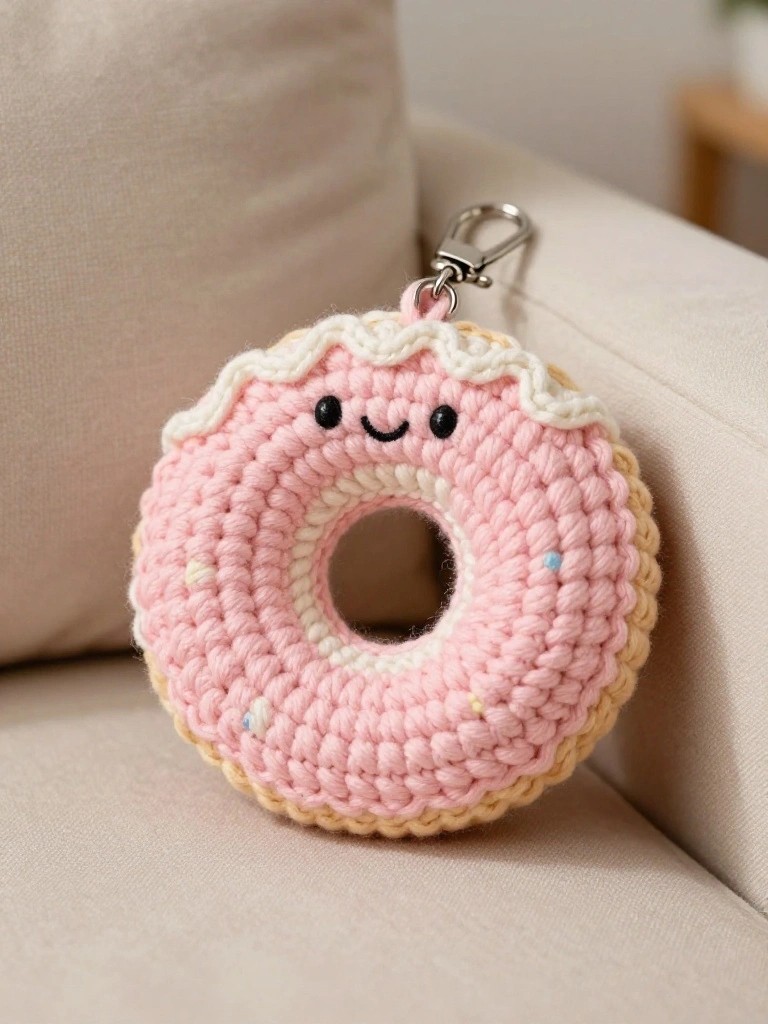 Pink crocheted donut keychain with smiling face and sprinkles on beige couch.
