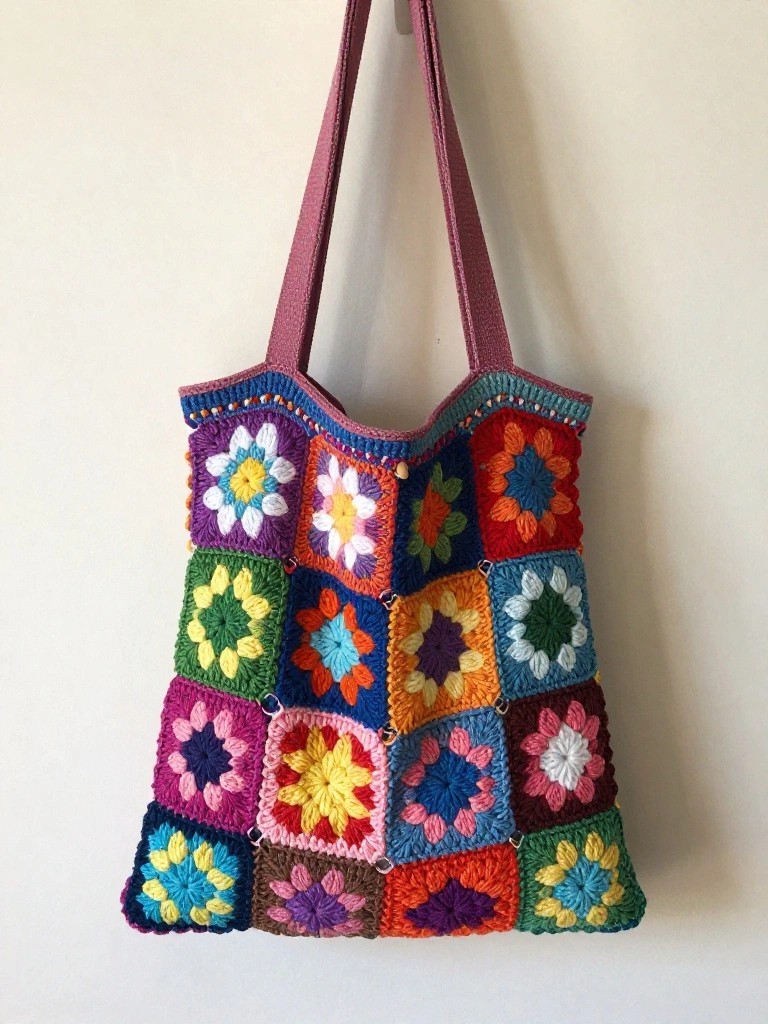 Multicolored granny square crochet tote bag with purple handles on wall