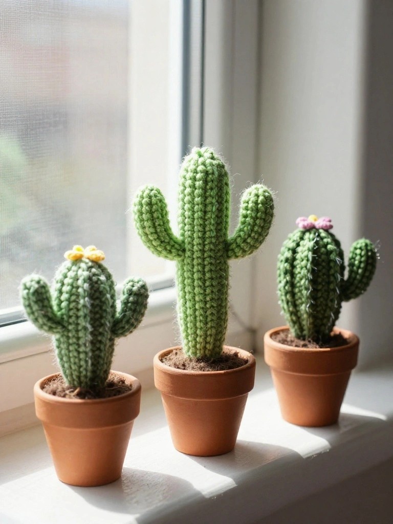 Three crocheted green cacti with flowers in terracotta pots on a windowsill.