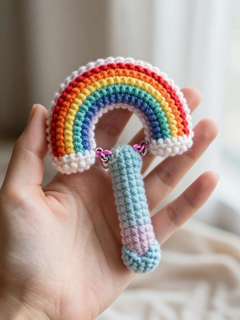 Hand holding crocheted rainbow with white clouds and dangling blue-purple cylinder