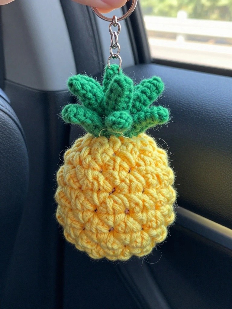 Crocheted yellow pineapple keychain with green leafy top on metal ring in car.