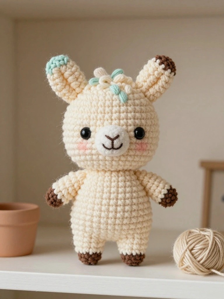 Crocheted cream alpaca toy with brown accents and mint details beside yarn ball
