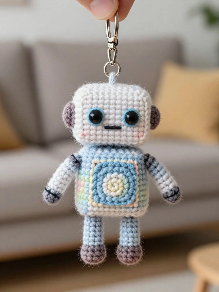 Hand holding crocheted robot keychain with white head, blue body, and big eyes