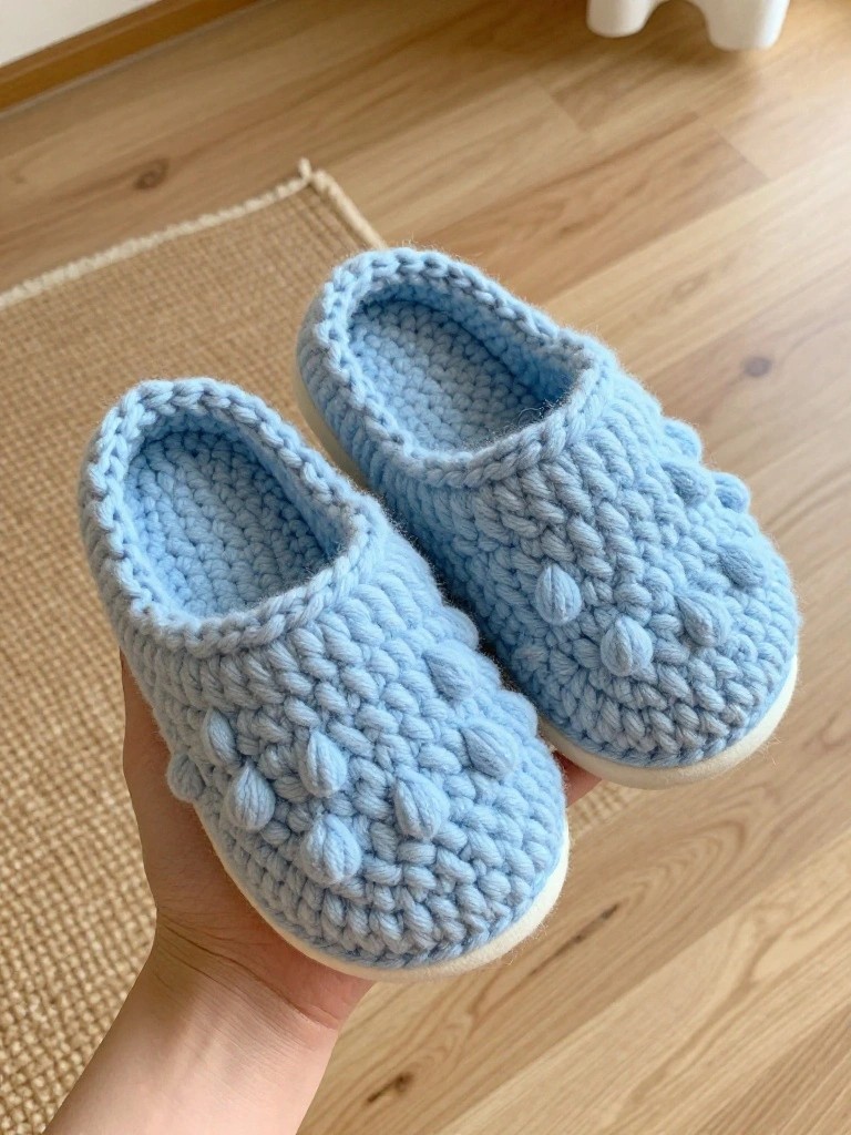 Light blue crocheted slippers with bobble texture held in a hand above a wooden floor.