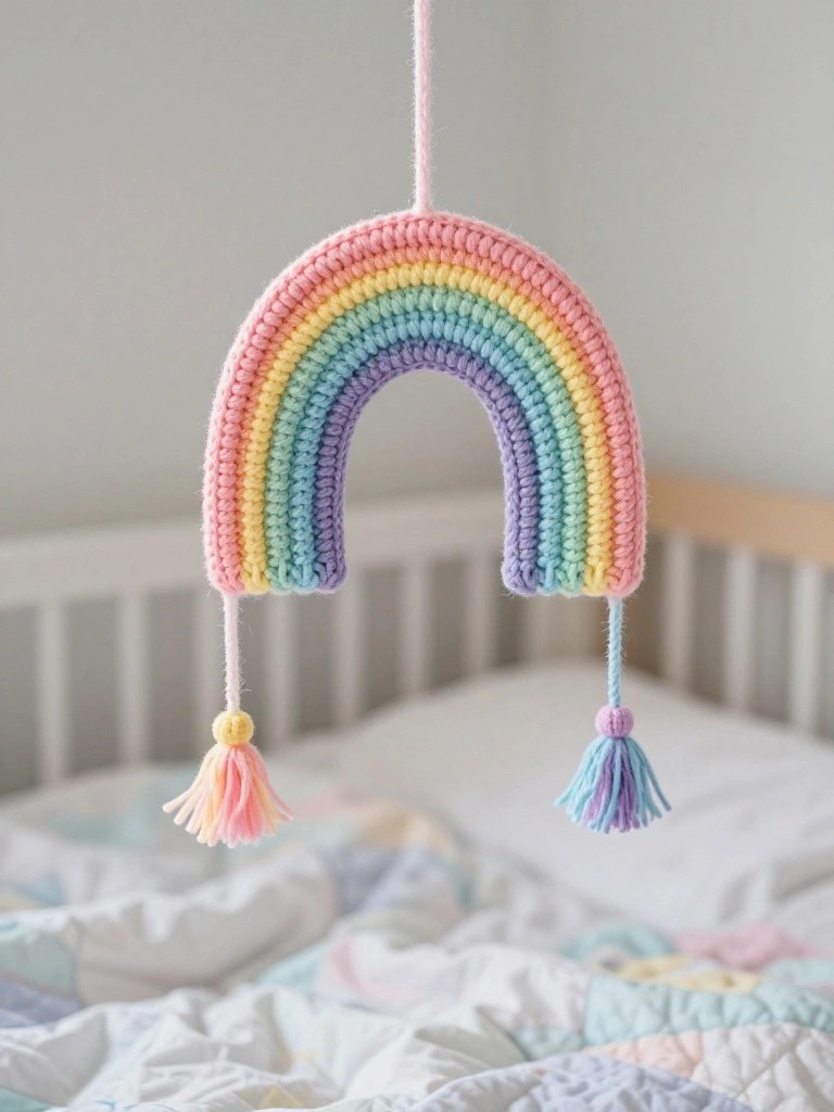 Colorful crocheted rainbow with tassels hanging over a quilted bed in a bedroom