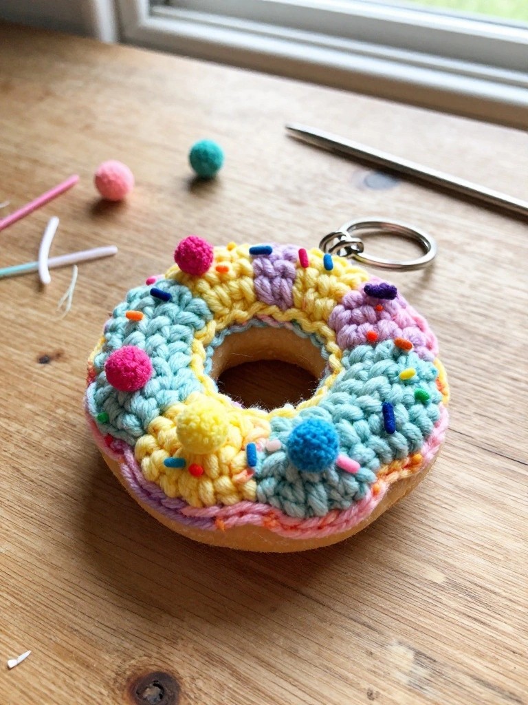 A crocheted donut keychain with pastel frosting sections and pom-pom sprinkles rests on a wooden table beside a keyring and crochet hook.