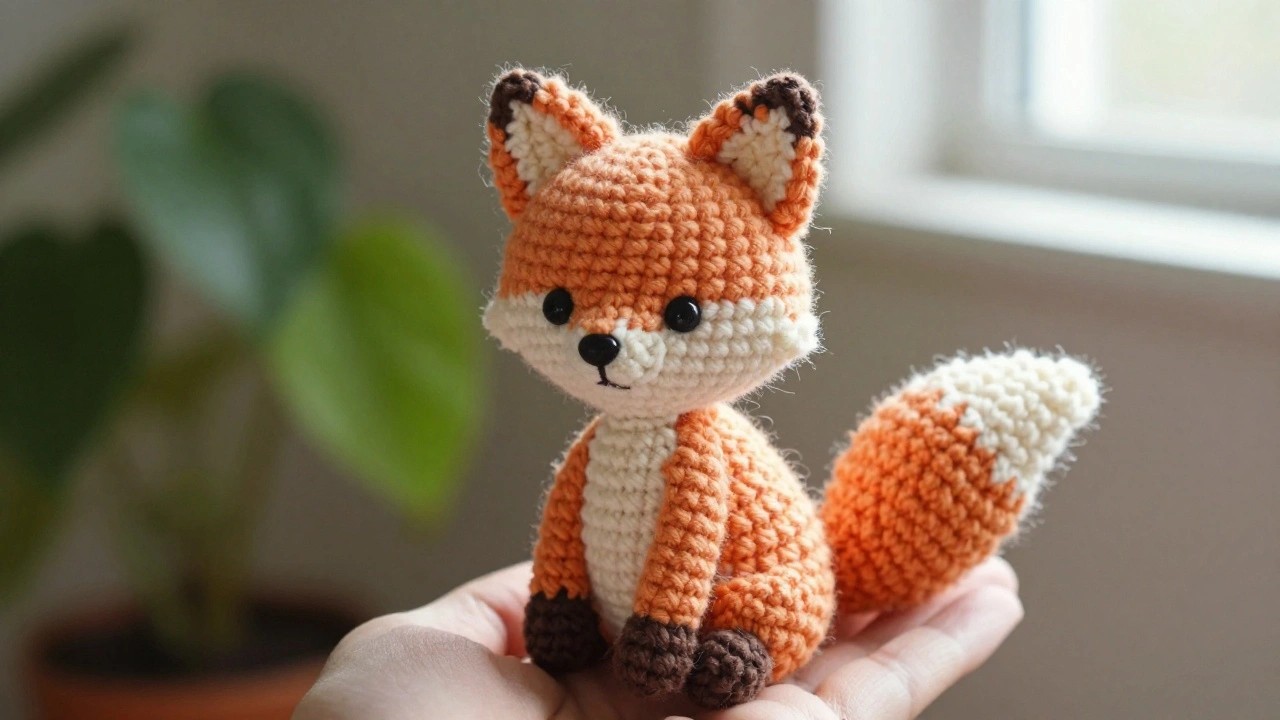 Hand holding a small crocheted fox plushie with orange body, white belly and muzzle, and brown paw tips.