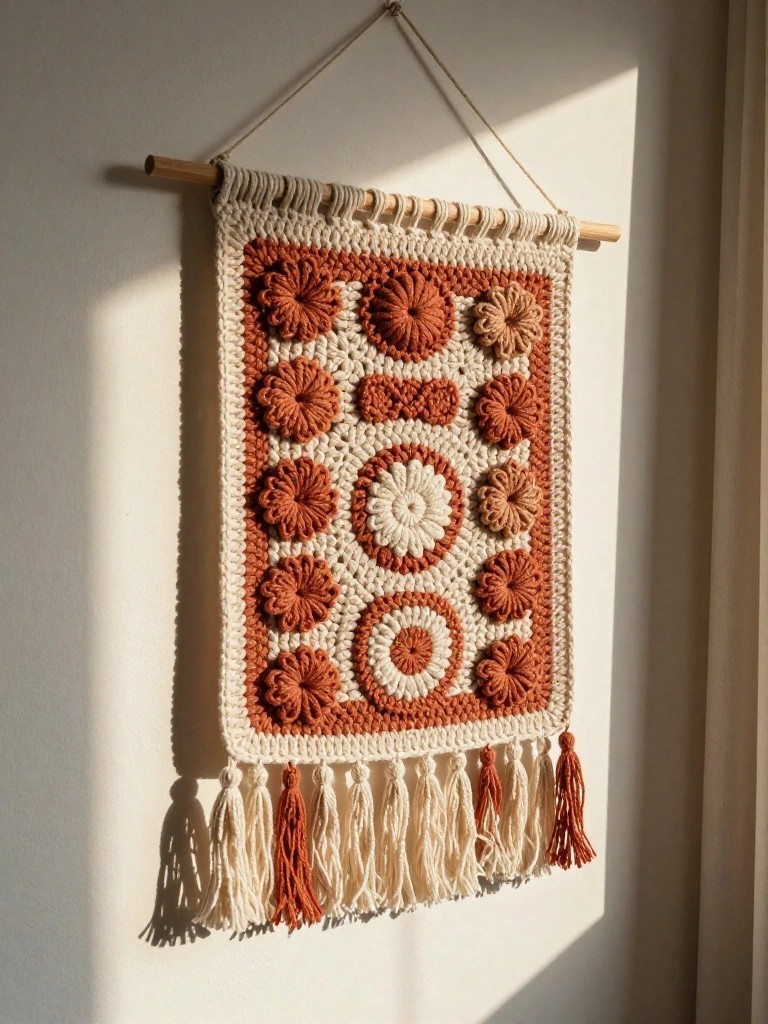 Woven wall hanging with orange and cream circular patterns on wooden dowel with tassels.