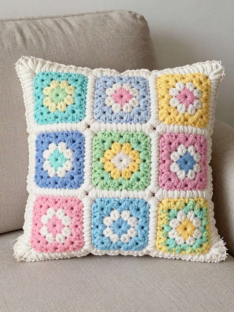 Pastel crocheted granny square pillow with white trim on beige couch.