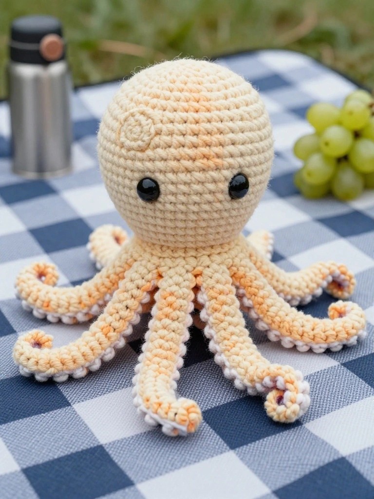 Crocheted beige octopus with orange tentacles on blue checkered picnic blanket near grapes and thermos