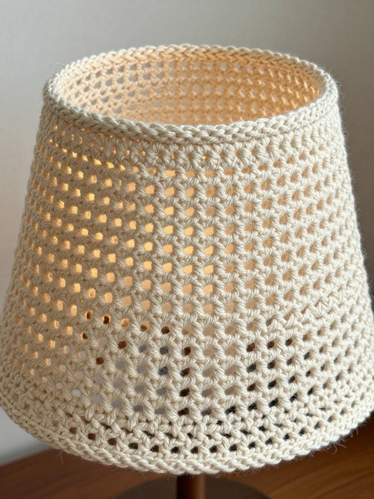 Illuminated cream crocheted lampshade with openwork grid pattern on wooden base