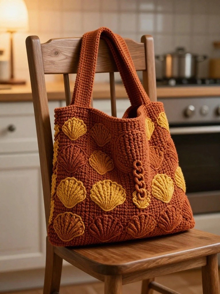 Orange crocheted tote bag with yellow shells on wooden kitchen chair