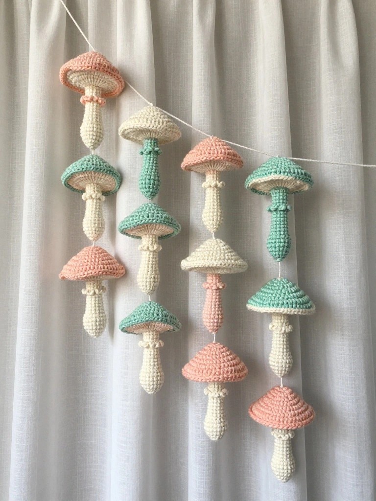 Several clusters of crocheted mushrooms in pastel pink, mint, and cream hang from a white string against a light curtain.