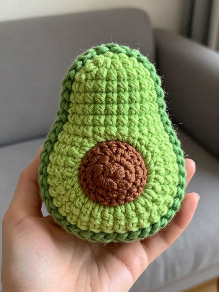 Hand holding crocheted avocado in light green with brown center.