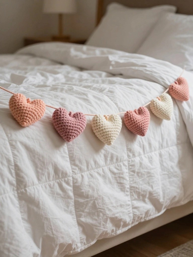 A string of crocheted hearts in soft peach, pink, and cream colors draped across a white bed.
