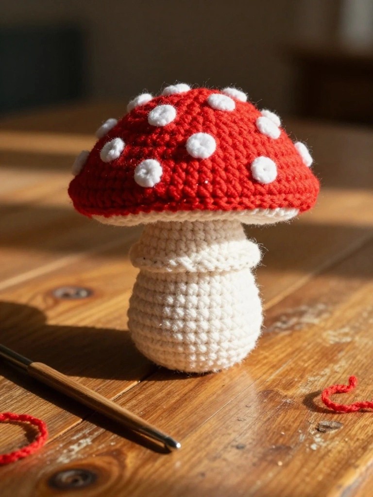 A small crocheted mushroom with a red spotted cap and white stem sits on a wooden table next to a crochet hook and red yarn.