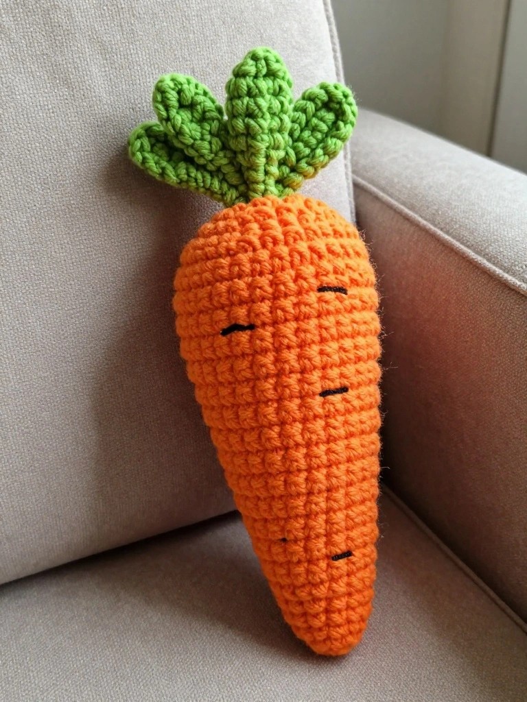 A crocheted orange carrot with green leaves on top and an embroidered face sits on a light fabric chair.