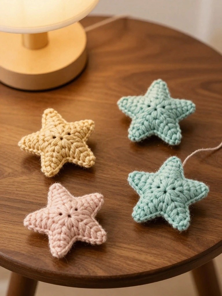 Four pastel crocheted stars on a round wooden table beside a lamp.