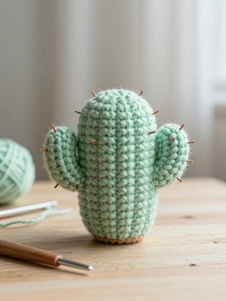 Mint green crocheted cactus with arms and brown spines beside yarn and hooks on wood.