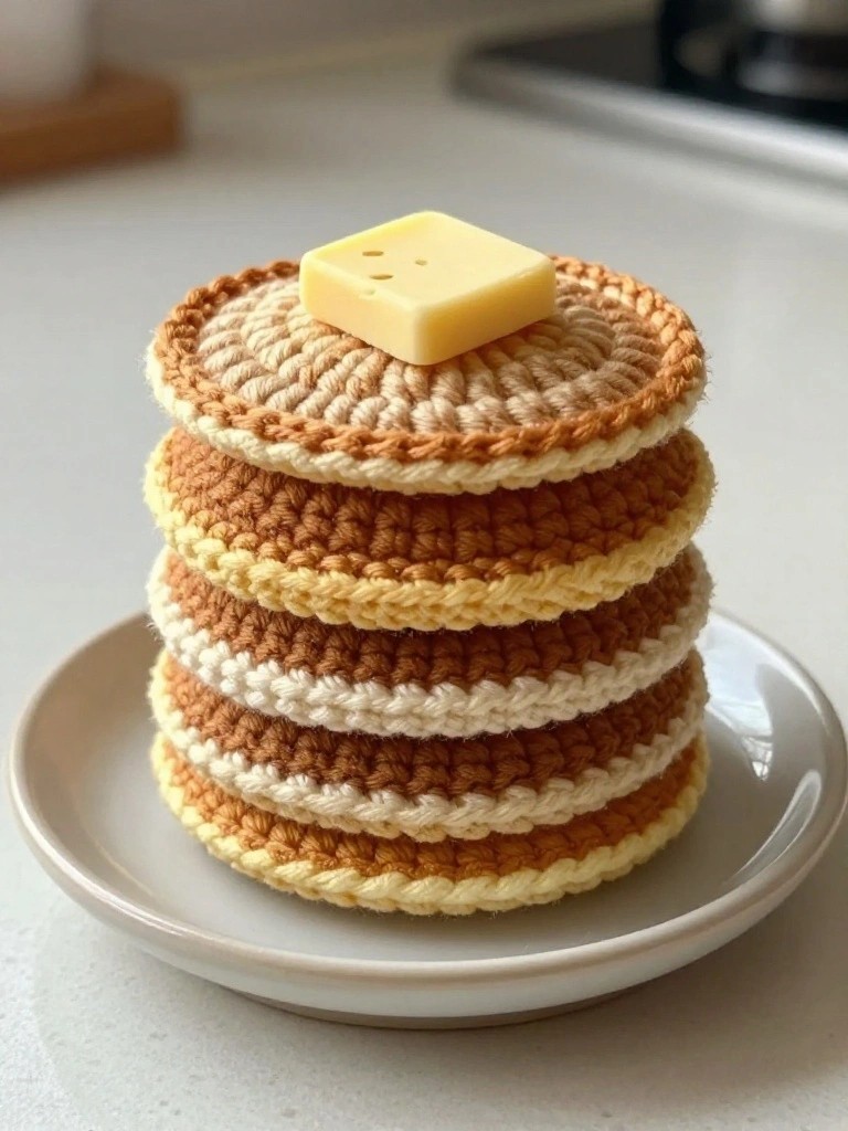 Stack of crocheted pancakes topped with butter on a white plate