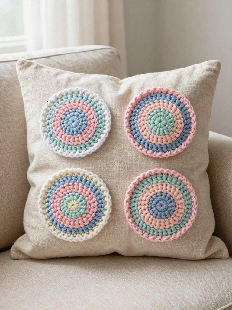 Beige pillow with four colorful crocheted circles in pastel shades on a sofa.