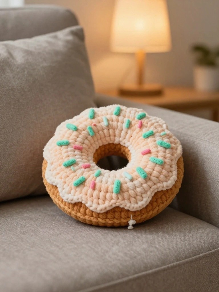 Crocheted donut pillow with colorful sprinkles on a gray couch