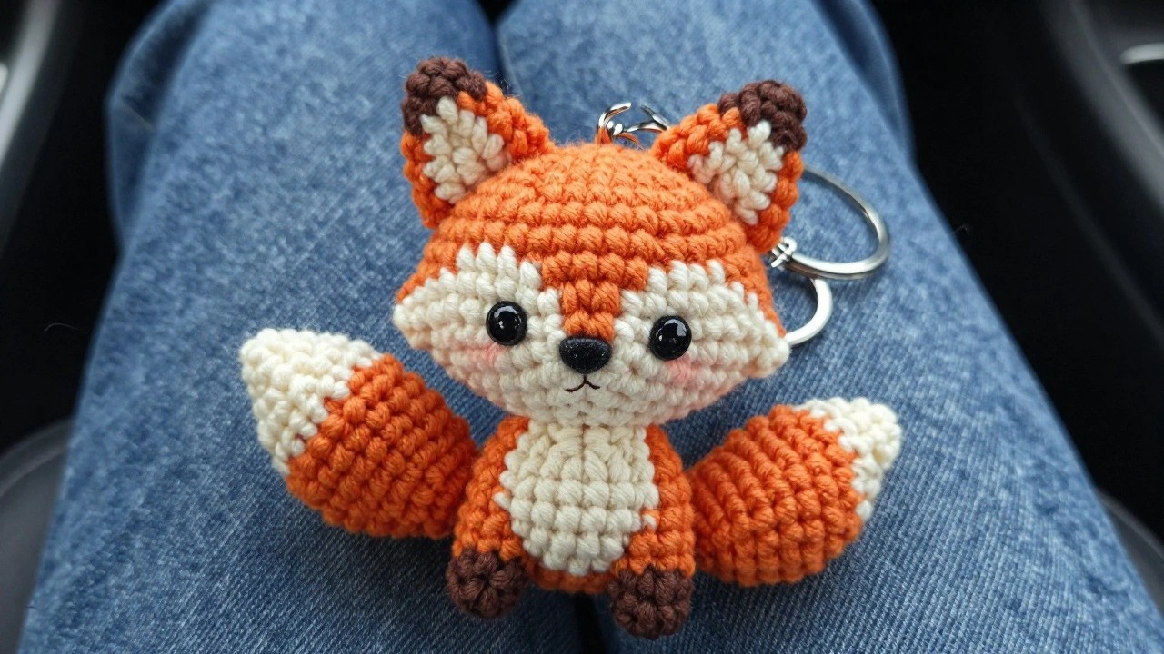 Crocheted orange-white fox keychain on blue jeans inside a car