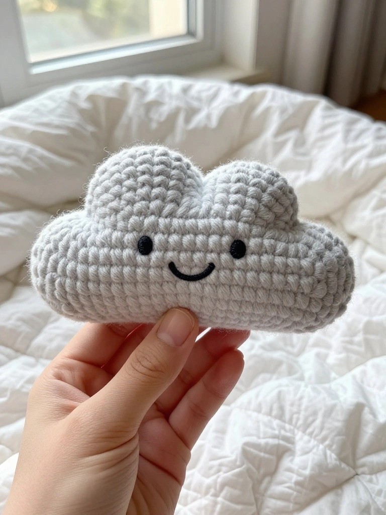 Hand holding light gray crocheted cloud plush with smiling face on white bedding