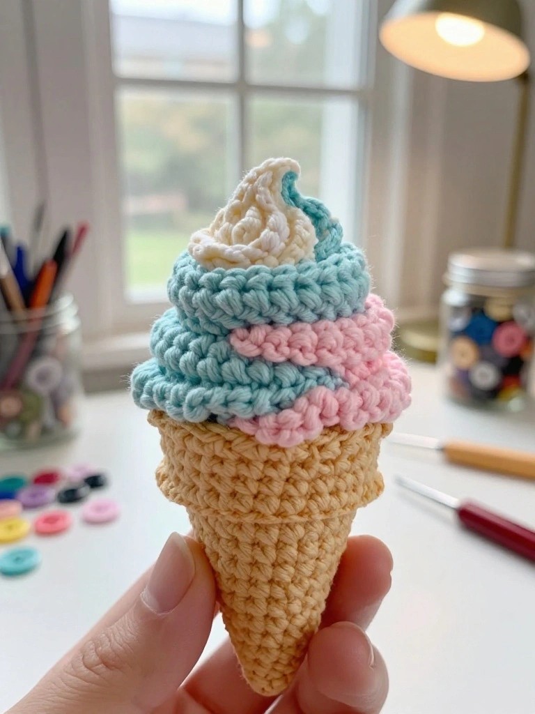 A hand holds a small crocheted ice cream cone with a tan base and stacked blue, pink, and white scoops.