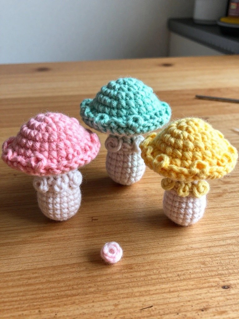 Three small crocheted mushrooms in pink, turquoise, and yellow with white stems sit on a wooden table next to a tiny pink crochet circle.
