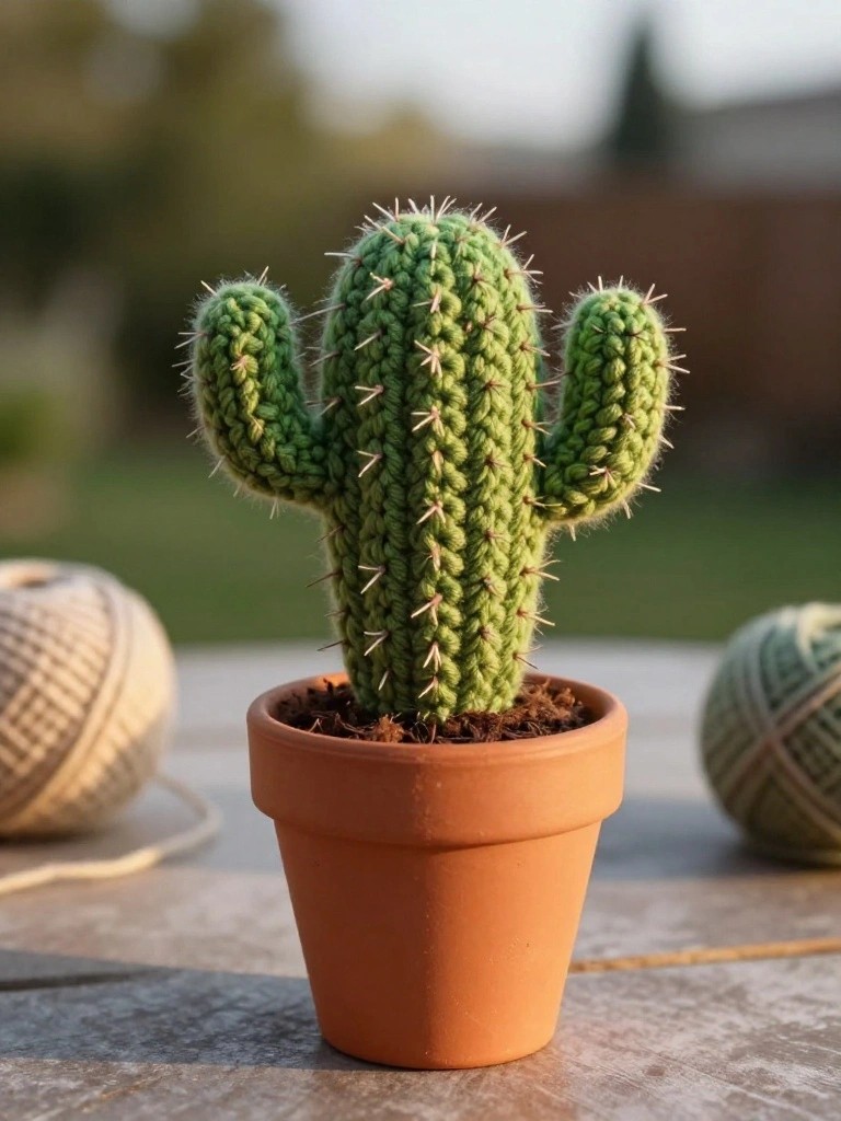 A crocheted green cactus with spines sits in a small terracotta pot on a wooden surface, with yarn balls nearby.