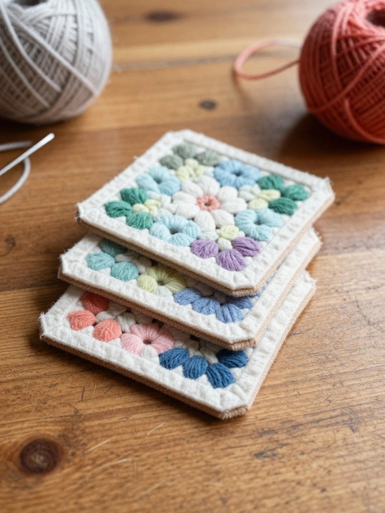 Stack of three pastel floral crochet coasters on wood with yarn balls