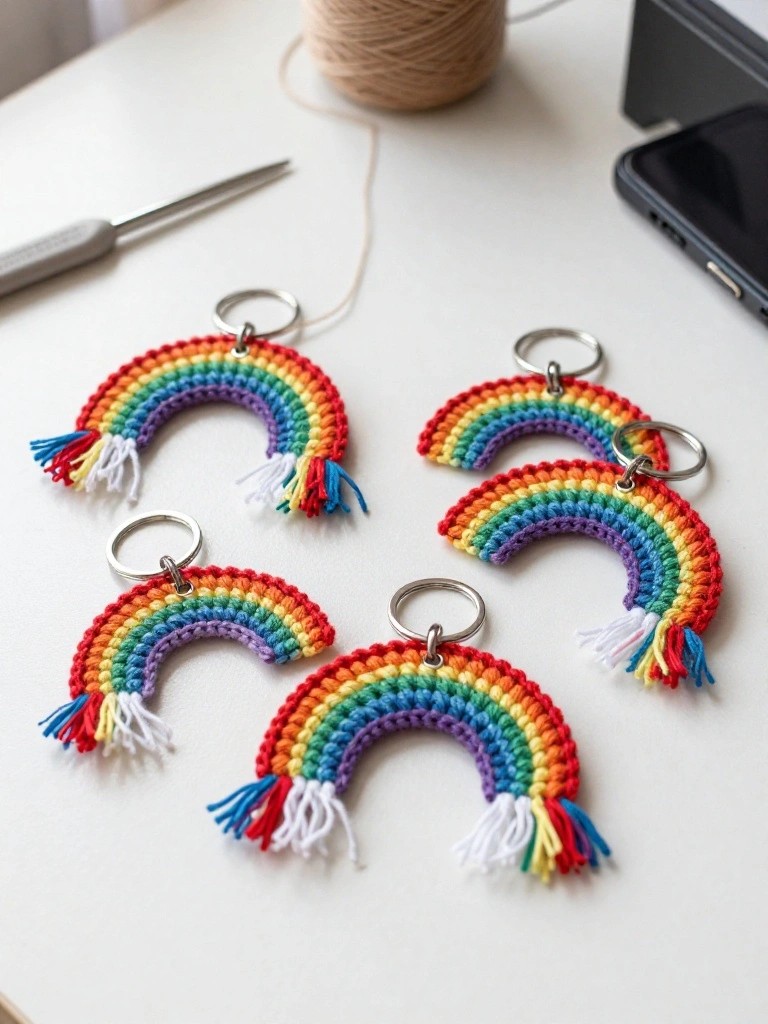 Five crocheted rainbow keychains with metal rings and colorful tassels rest on a white surface next to a crochet hook and phone.
