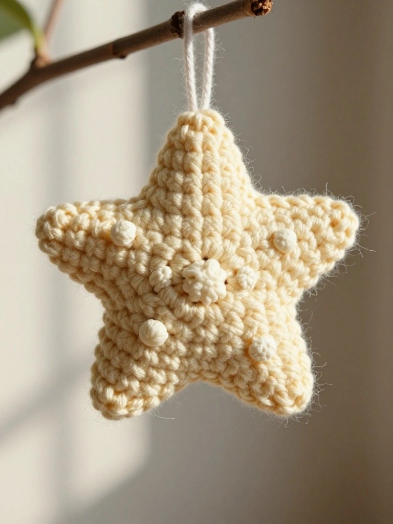 Cream crocheted star ornament with white pom-poms hangs from a branch.