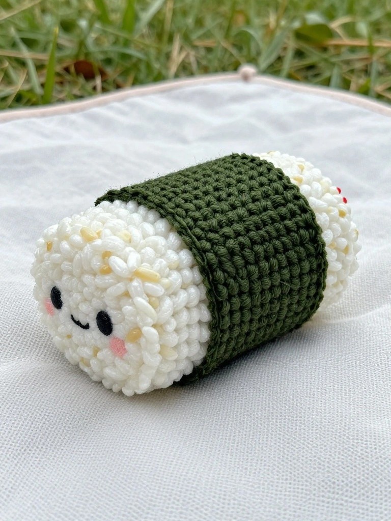Crocheted sushi roll with white rice, green nori, and smiling face on cloth
