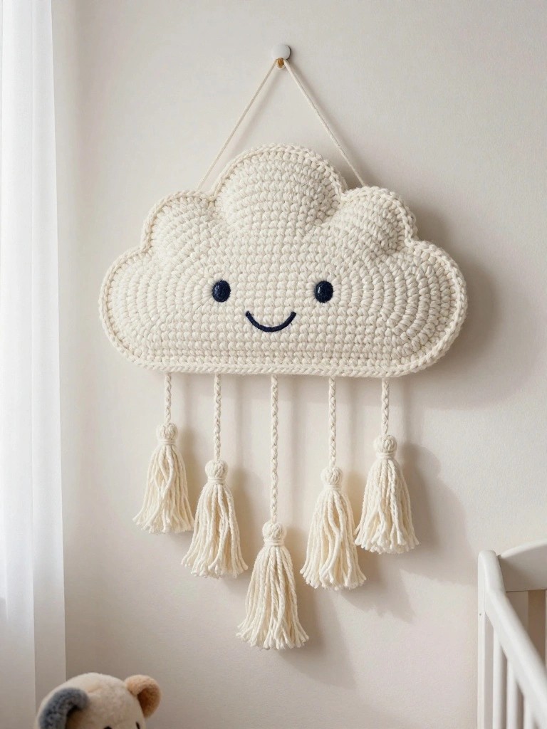 A white crocheted cloud with a face and five tassels hangs on a wall above a crib.
