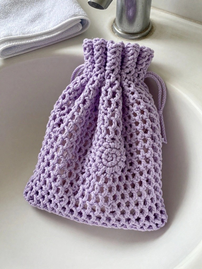 Purple crocheted lace drawstring bag resting in white bathroom sink with faucet