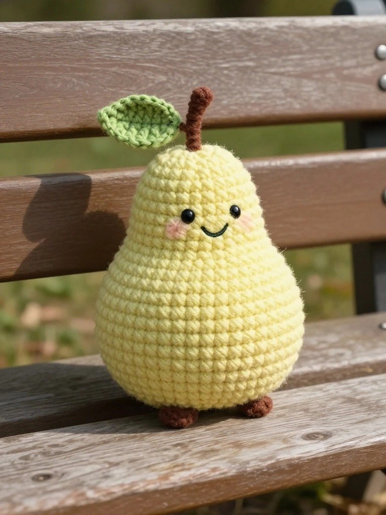 Yellow crocheted pear toy with smiling face on wooden bench