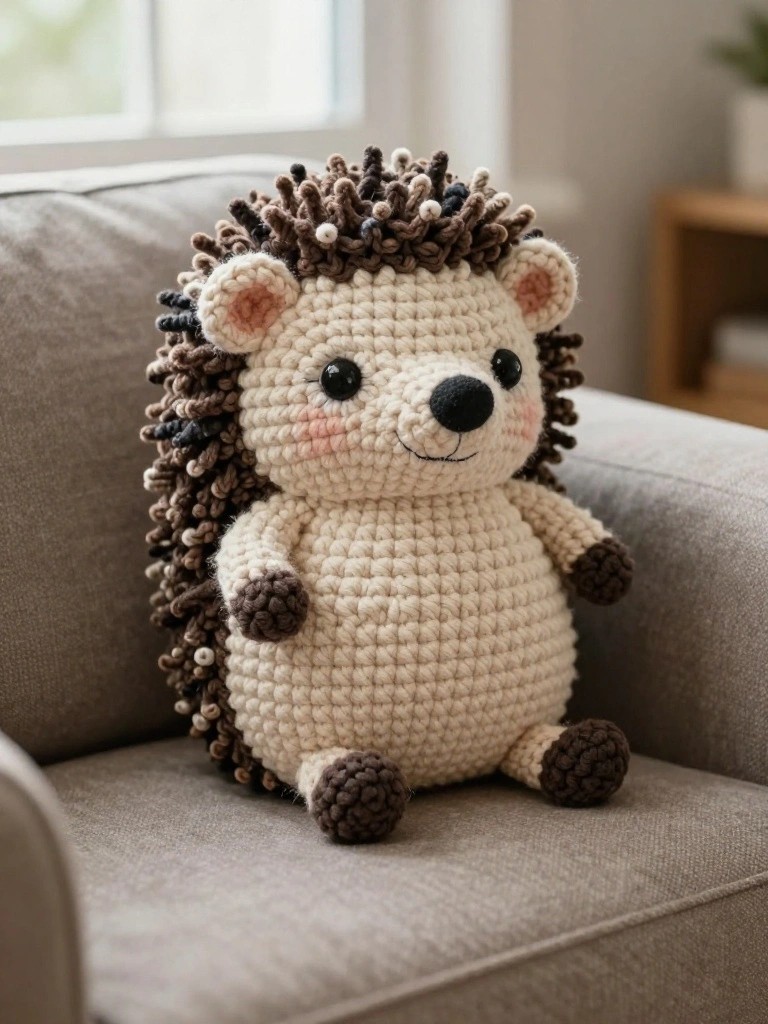 Crocheted beige hedgehog plush with brown spikes on a gray couch