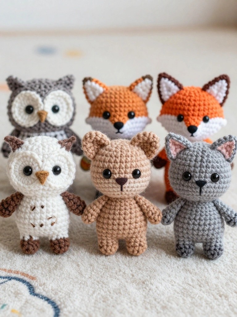 Crocheted amigurumi animals: two owls, two foxes, bear, and cat on fabric