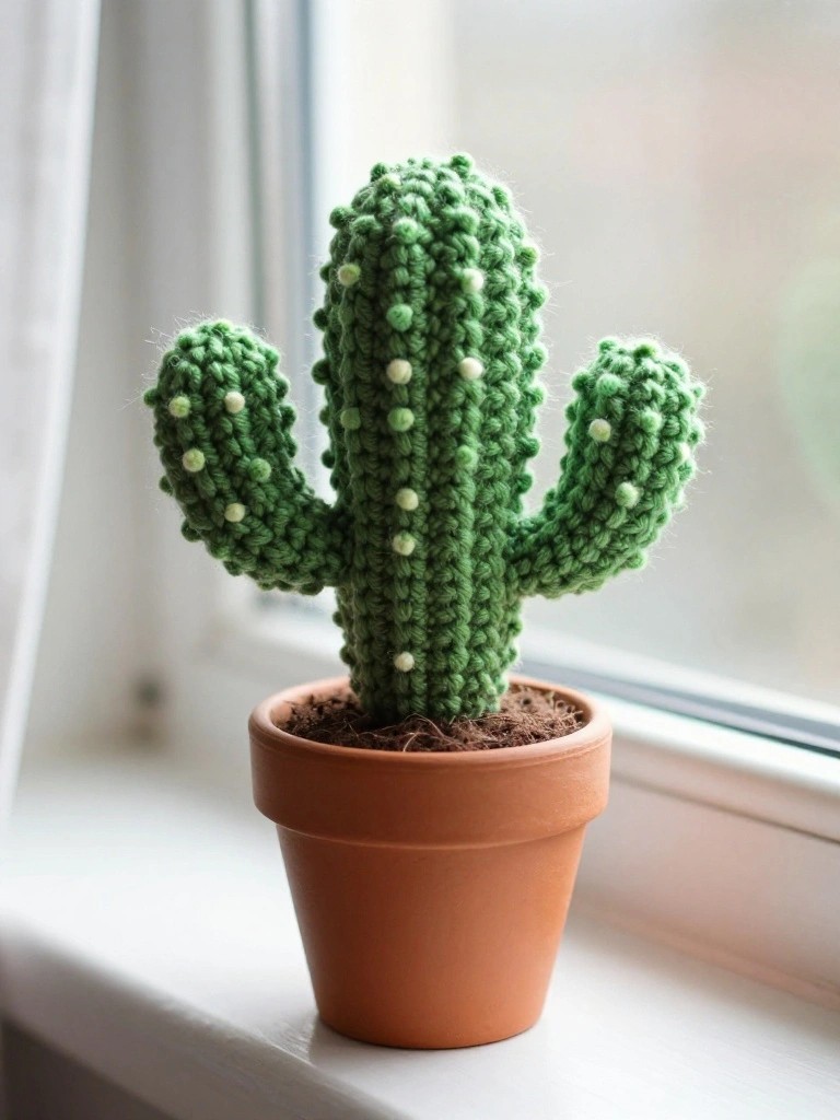 Green crocheted cactus with white dots in terracotta pot on windowsill