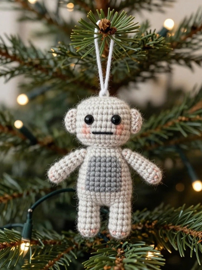 Crocheted beige monkey ornament with gray belly hanging from Christmas tree branch.