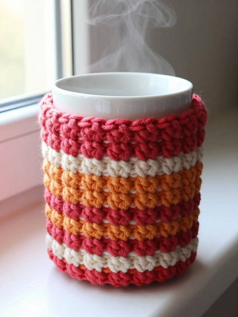 A white mug with a striped pink, white, orange, and red crocheted cozy on a windowsill with steam rising from it.