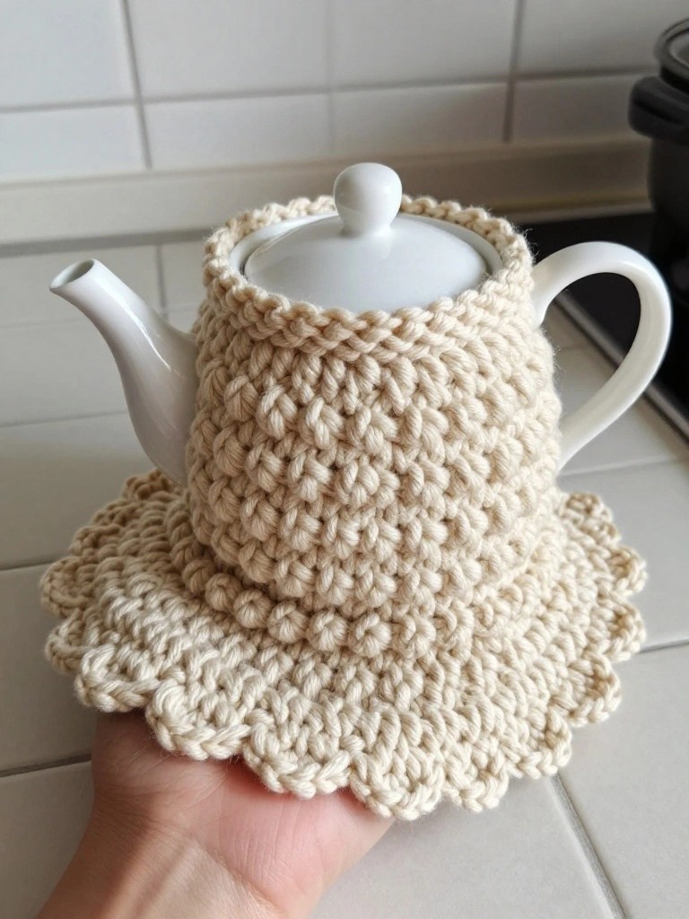 Hand holding white teapot with beige knitted cozy and scalloped edge.