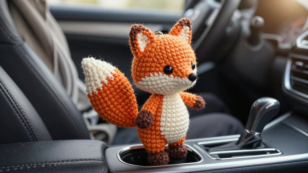 Hand holding crocheted orange fox keychain with white belly in car