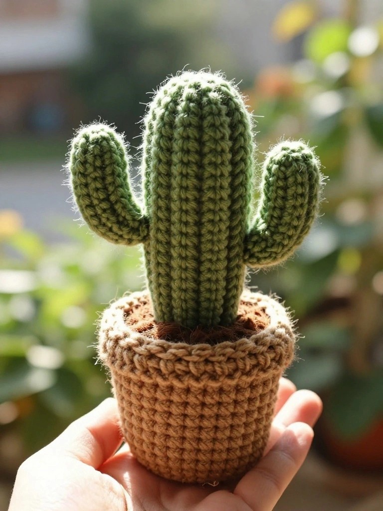 Hand holding small green crocheted cactus in brown yarn pot outdoors.