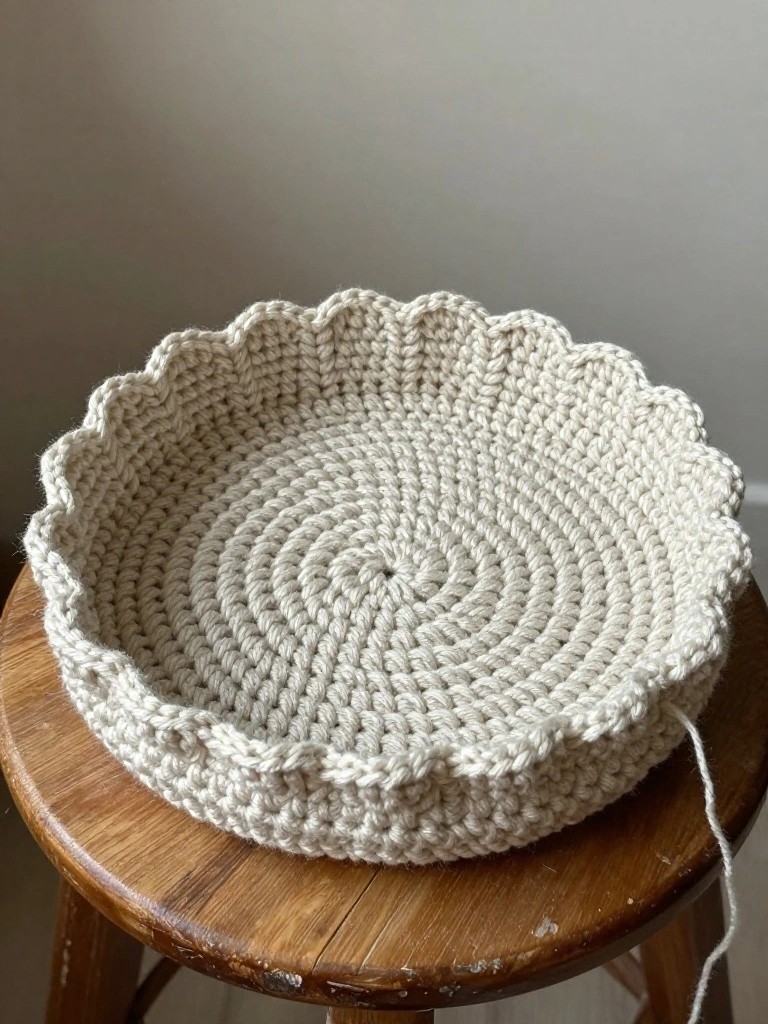 Beige crocheted bowl with spiral center and scalloped rim on wooden stool