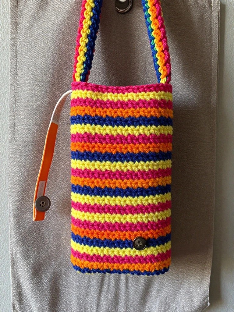 A rainbow-striped crocheted bottle pouch with a long handle and button hangs on gray fabric.
