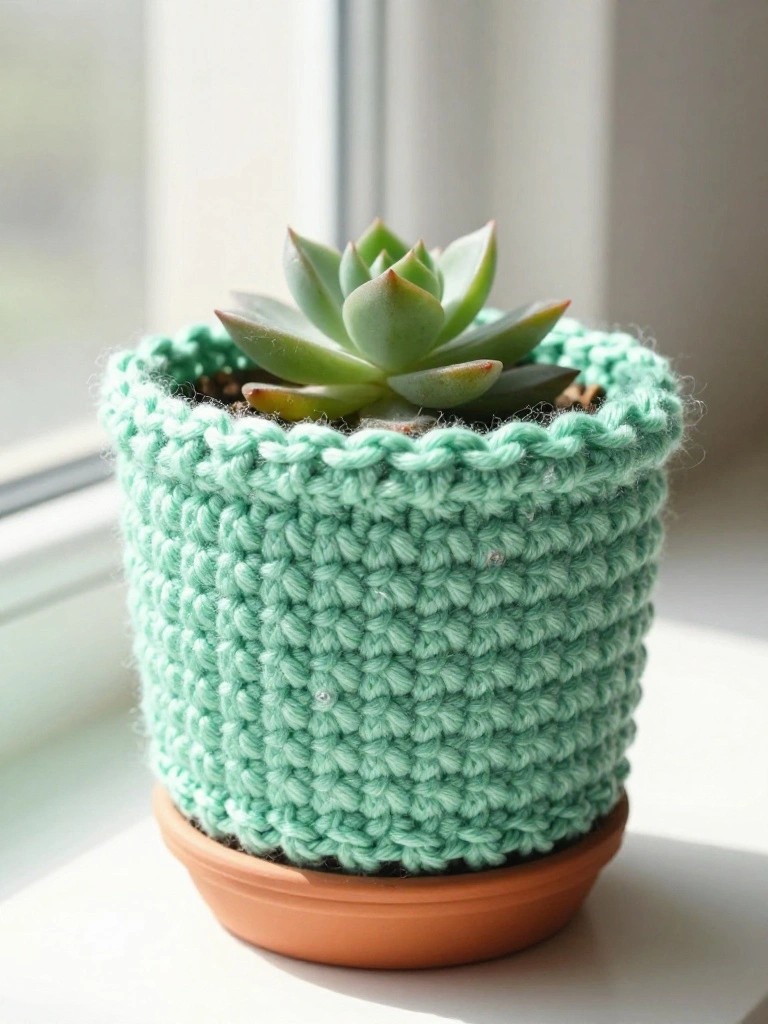 Succulent plant in mint green crocheted cozy inside terracotta pot on windowsill.